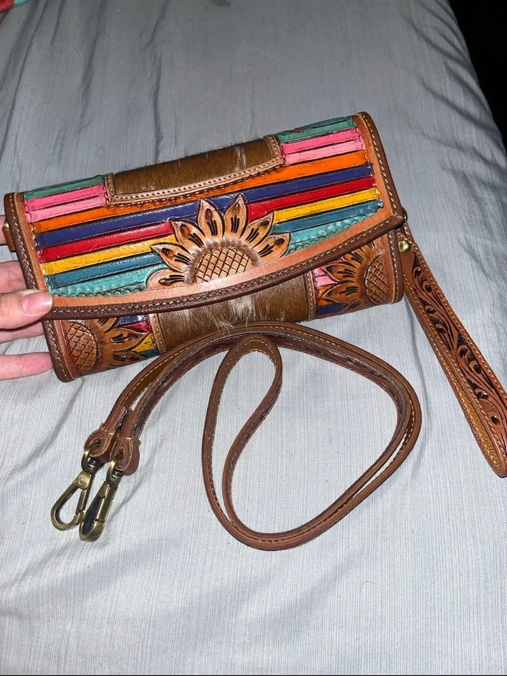 American Darling Multicolor Striped Leather Clutch with Brown Trim